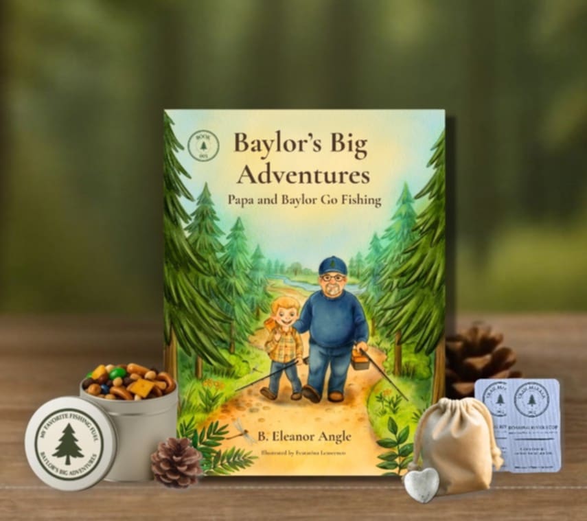 Papa and Baylor Go Fishing Adventure Bundle (Hardcover Picture Book + Tin + Heart Pebble Keepsake)